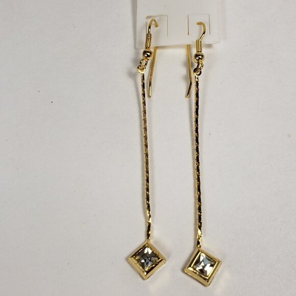 Gold tone Geometric Crystal Long Drop Earrings – Elegant Sparkle Dangle Jewelry - Picture 7 of 11